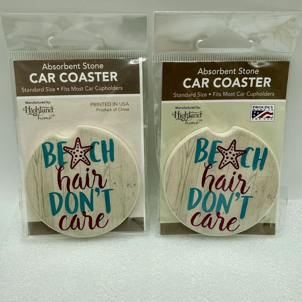 Highland Home Absorbent Stone Car Coasters Beach Hair Don't Care Lot of 2